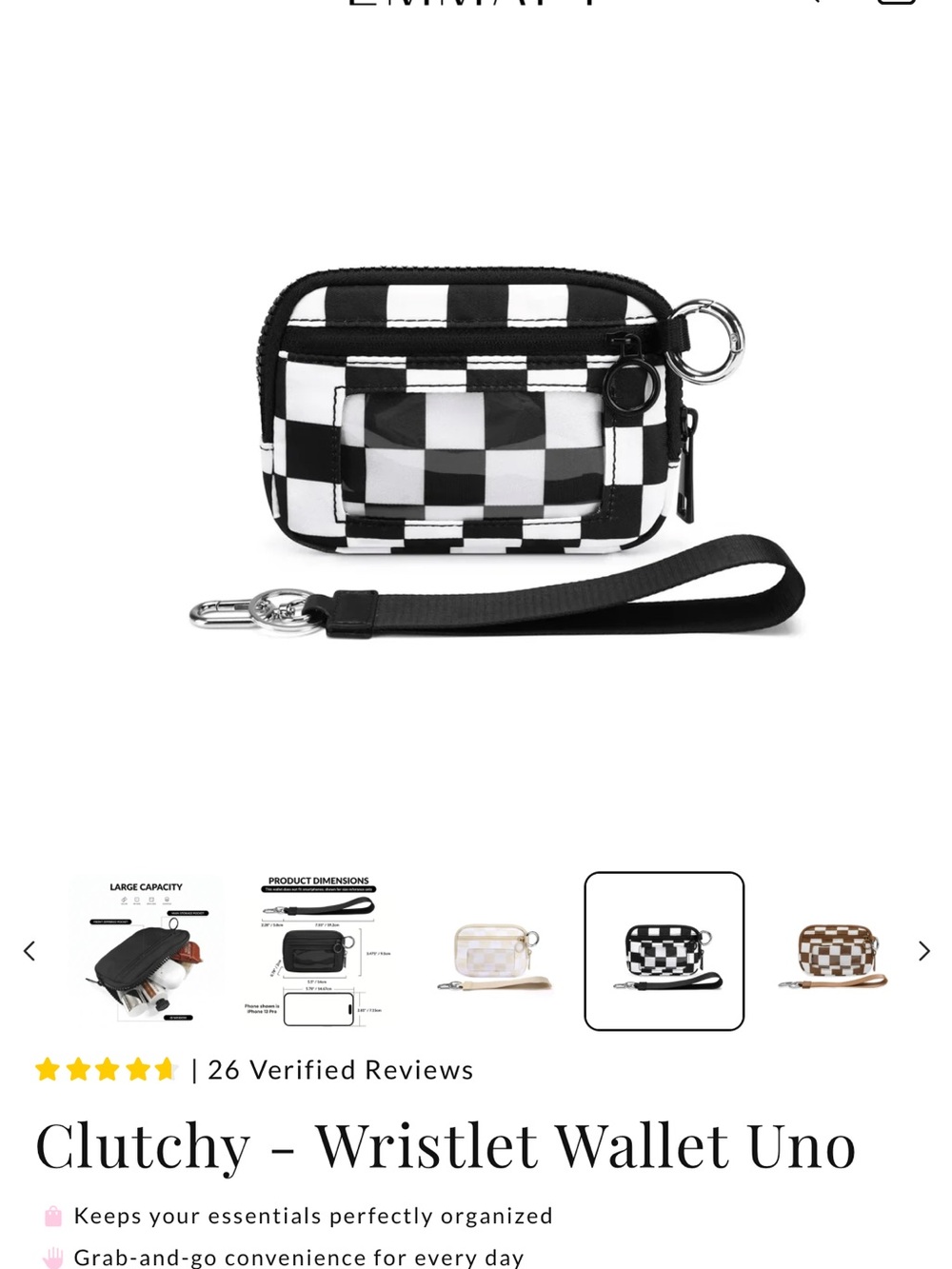 NWOT Emmafy Clutchy Wallet Uno in Black & White Checkered, Wristlet, Clutch